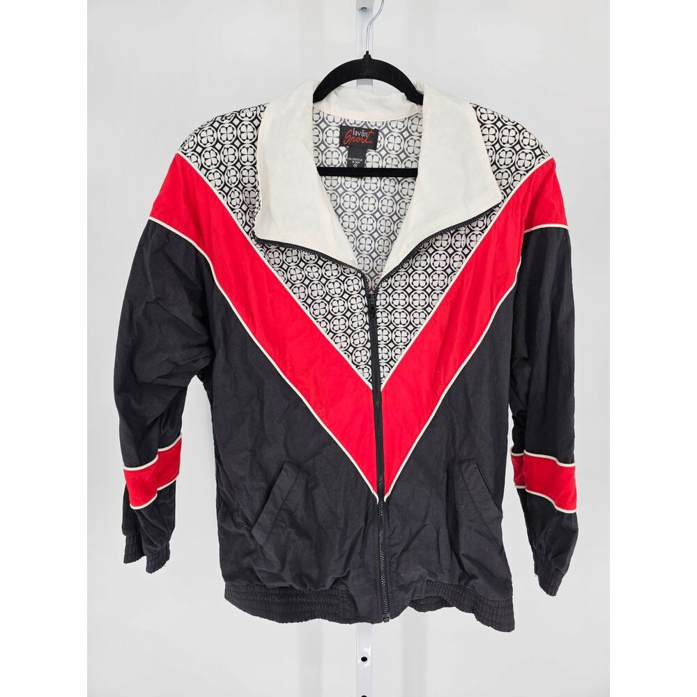 Vintage 1980s Zip Up Windbreaker Jacket Womens Sz M Black Red White Colorblock